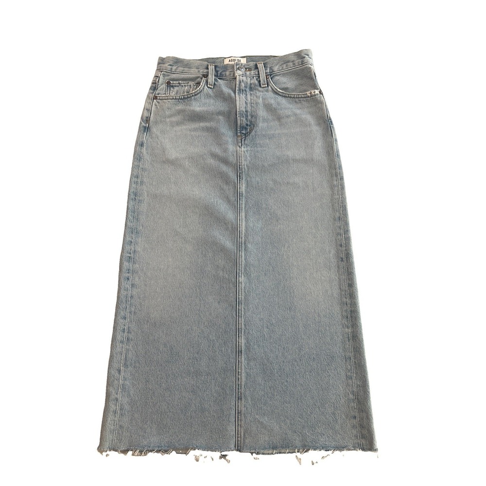 AGOLDE Denim Maxi Skirt Light Wash Raw Hem Back Slit High Rise Size 24 NWOT - Picture 2 of 10
